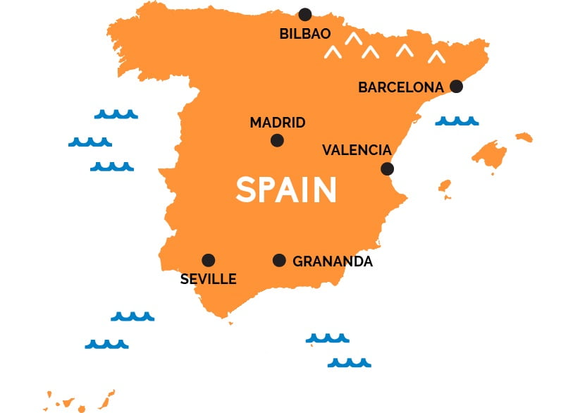 Mapa da Espanha com Cidades >> Imagem: RailPass